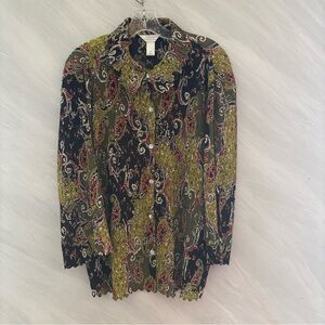 CJ Banks 1X Green Paisley 3/4 Sleeve Button Up Stretch Blouse Boho Forest Fairy